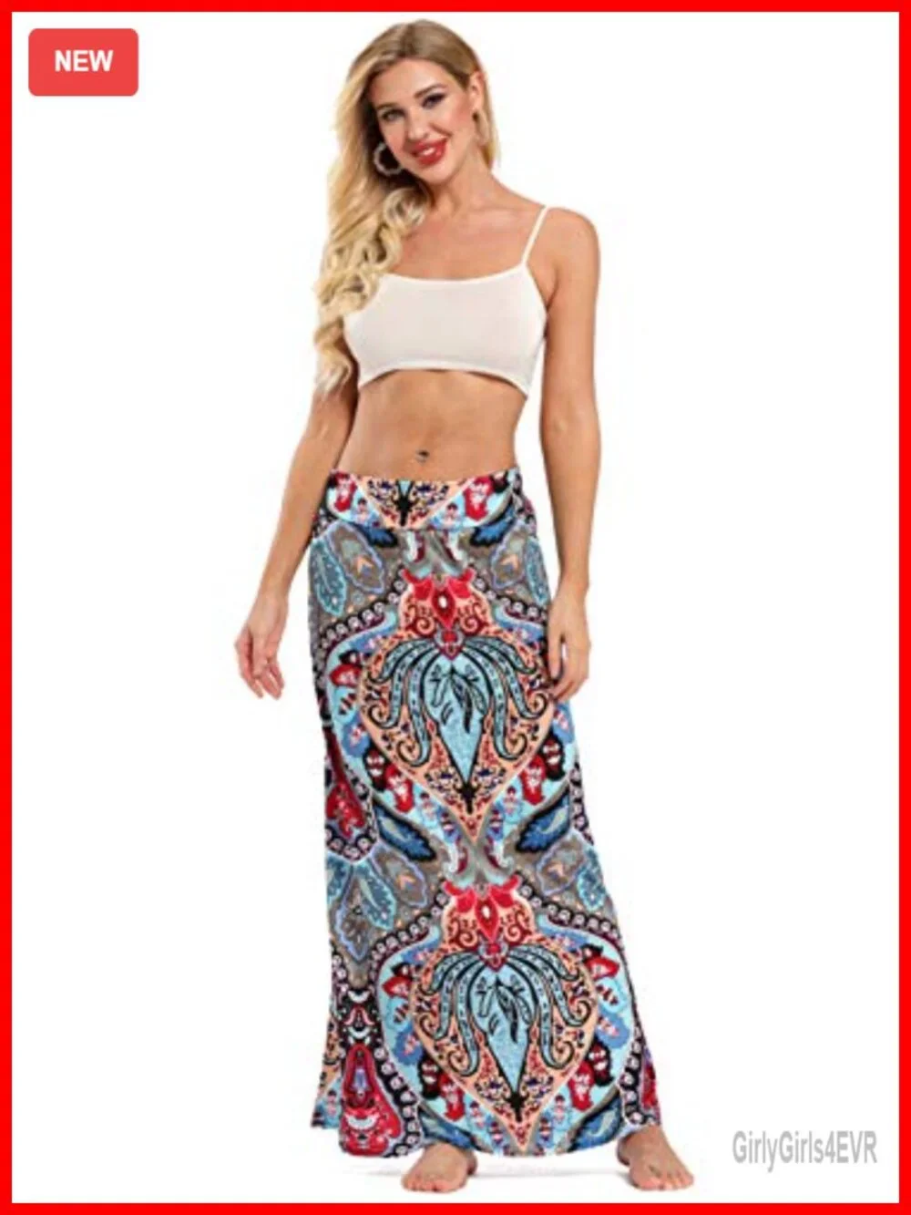 Bohemian Print Long Maxi Skirt Elastic Waist A-Line Flowy Beach Vacation